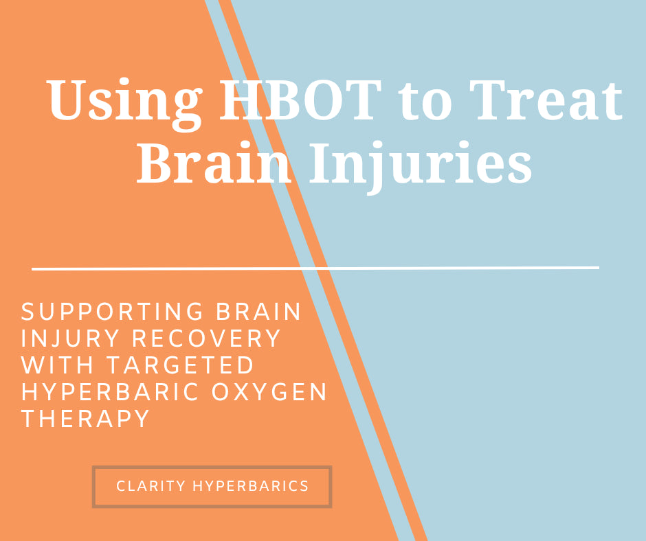 Graphic reading “Using HBOT to Treat Brain Injuries – Supporting Brain Injury Recovery with Targeted Hyperbaric Oxygen Therapy” by Clarity Hyperbarics, featuring a split orange and blue background design.