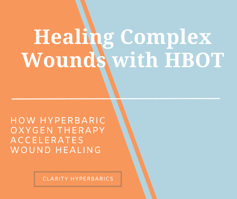 Graphic reading “Healing Complex Wounds with HBOT – How Hyperbaric Oxygen Therapy Accelerates Wound Healing” by Clarity Hyperbarics, with split orange and blue background.