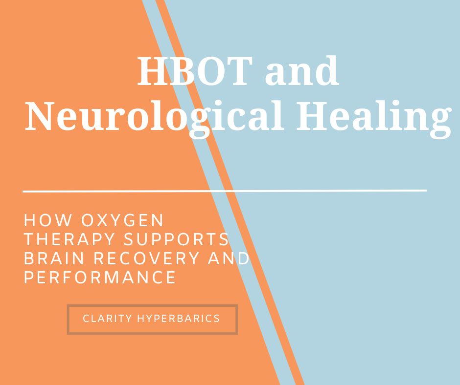 Graphic reading “HBOT and Neurological Healing – How Oxygen Therapy Supports Brain Recovery and Performance” by Clarity Hyperbarics, with split orange and blue background.