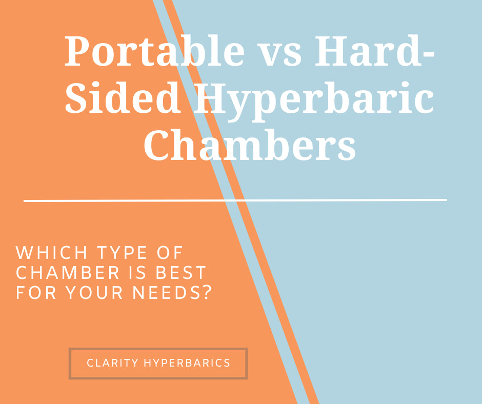 Graphic reading “Portable vs Hard-Sided Hyperbaric Chambers – Which Type of Chamber Is Best for Your Needs?” by Clarity Hyperbarics, featuring a split orange and blue background design.